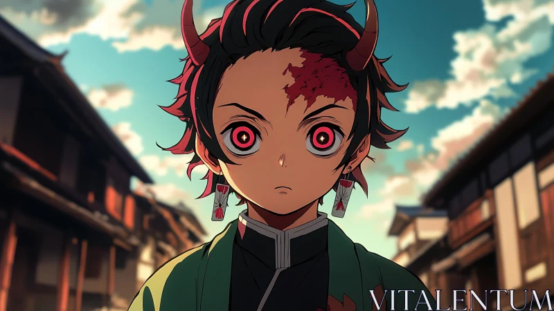 Horned anime boy with glowing eyes in old town street.