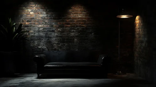 Moody leather sofa brooding under industrial brick glow.