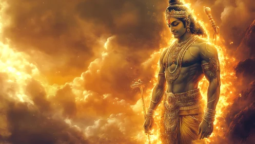 Radiant warrior deity in molten aureole amidst turbulent clouds.