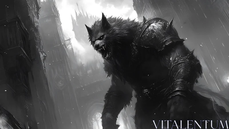 Storm-lit werewolf guardian strides through a ruined gothic city