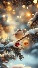 Snow-dusted songbird on fir branch with bokeh lights and baubles.