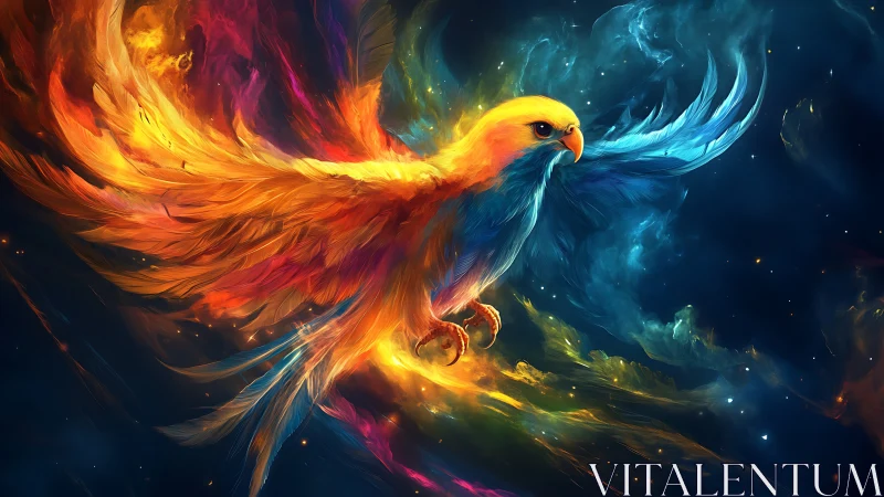 Vibrant phoenix soaring in cosmic fantasy art with vivid colors.