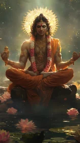 Seated figure in lotus position is depicted above reflective water