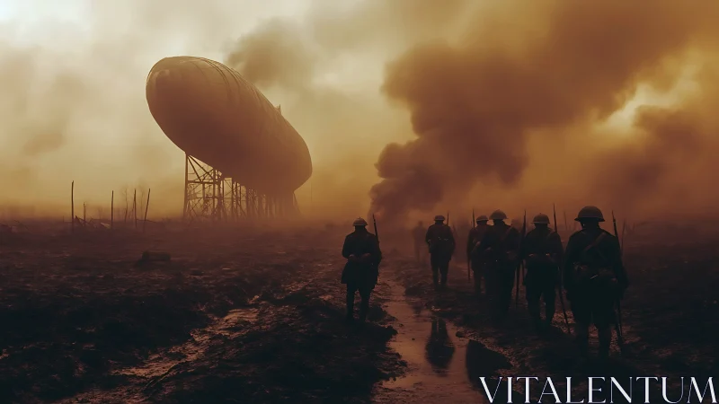 Dirigible gantry and infantry column in toxic war haze.