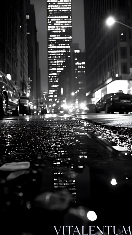 Low-angle wet street scene captures nocturnal city luminance