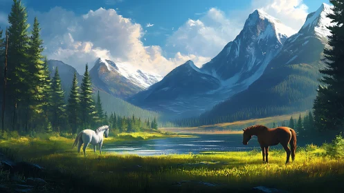 Mountain horses by alpine lake in luminous morning light.