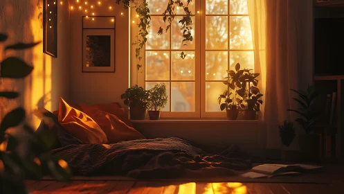 Golden hour bedroom window nook with plants and fairy lights