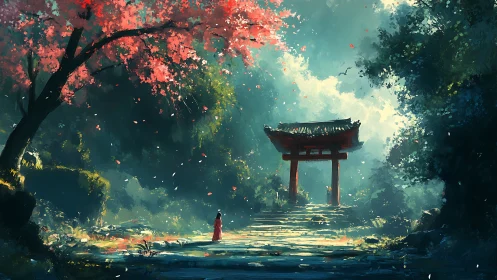 Red torii gate in misty forest under vivid cherry tree.