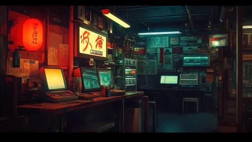 Dim computer workstation occupies cluttered retro-futuristic room