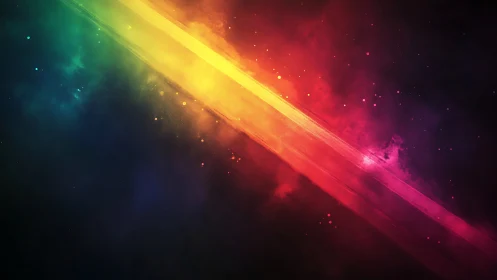 Radiant diagonal light stream cuts through cosmic nebula.