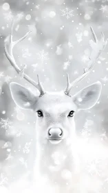 Gentle winter deer gazes softly through falling snowflakes