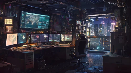 Nocturnal code citadel above neon-drenched megacity skies.