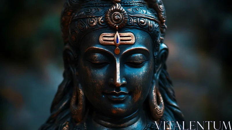 Bronze Hindu deity statue close-up with soft moody light.