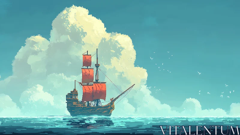 Pixel art sailing ship with red sails on calm blue sea.