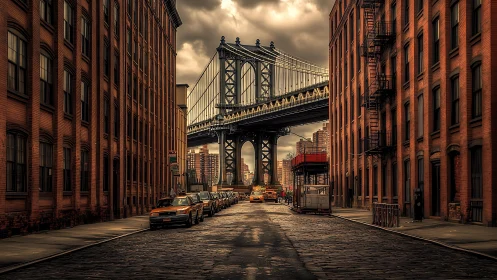Moody cobblestone street framing a towering city bridge.