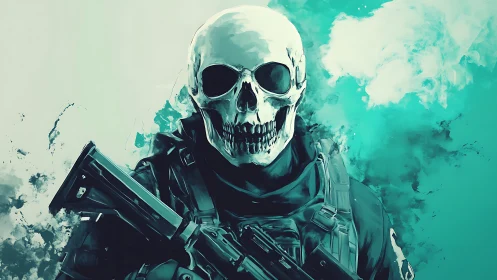 Skull-masked soldier emerges from teal battlefield mist.