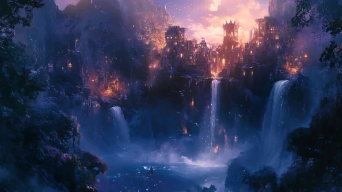 Enchanted cliffside city glows above cascading twilight falls