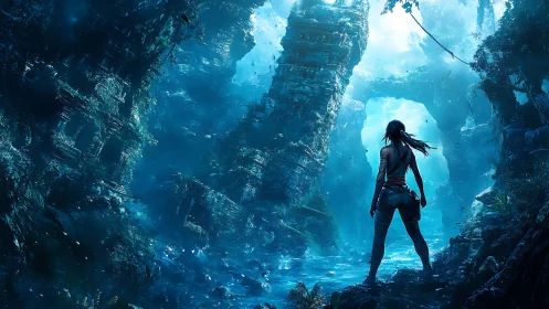 Digital painting of explorer in luminous jungle ruins environment.