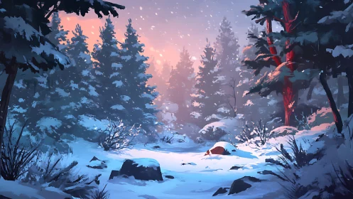 Sunset Over Winter Forest with Snow-Covered Pines.