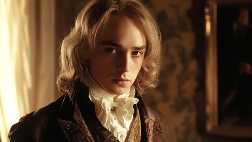 Gilded young aristocrat bathed in brooding candlelit poise.