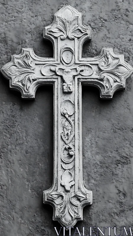 Stone relief cross with ornate floral detailing on wall.