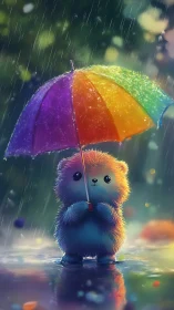 Small fluffy creature holding rainbow umbrella in rain.