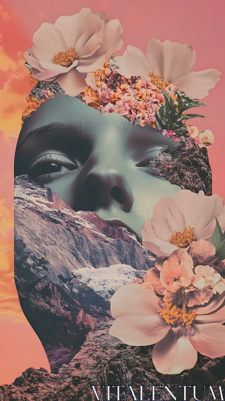 Mountain-bloomed portrait where stone, skin and petals fuse.