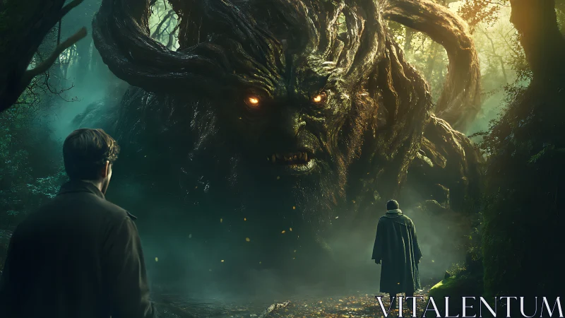 Two figures confront giant glowing-eyed forest creature.