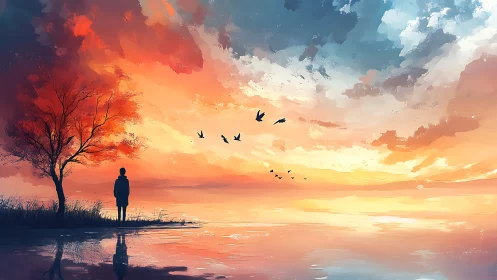 Lonely dreamer watches soft sunset skies over still water