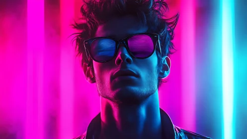 Neon glow portrait of a cool night wanderer in sunglasses.