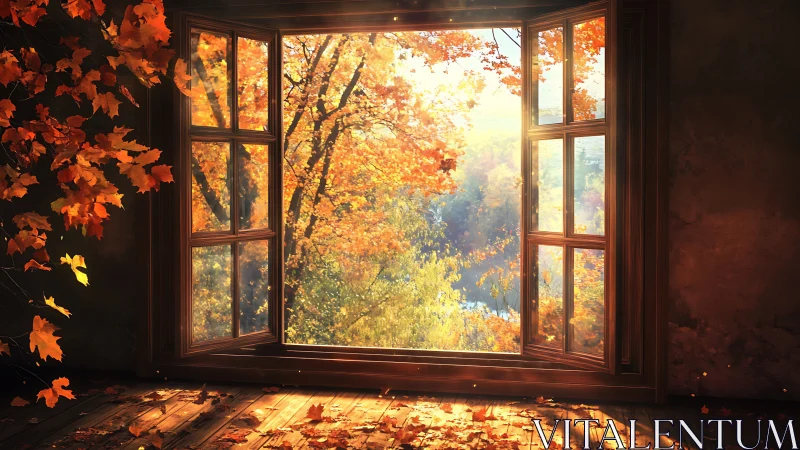 Open wooden window frames expose illuminated autumn foliage