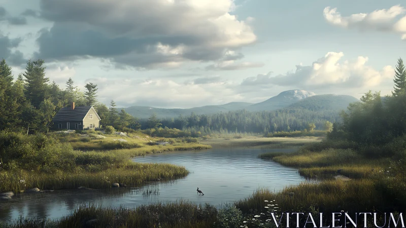 Lakeside forest cabin under soft clouds and distant mountains.