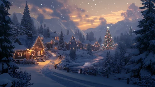 Snowy Christmas village glows warmly beneath a dreamy sunset