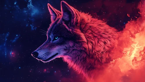 Cosmic wolf gazes calmly through glowing nebula clouds