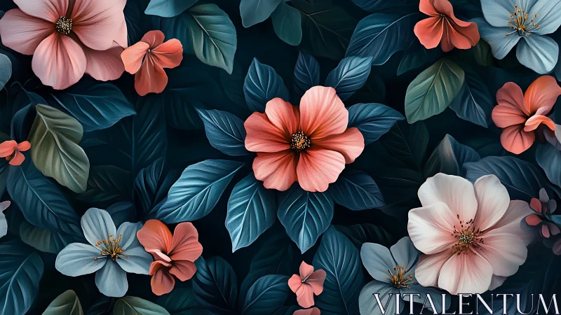 Soft coral blossoms glow gently against deep teal leaves