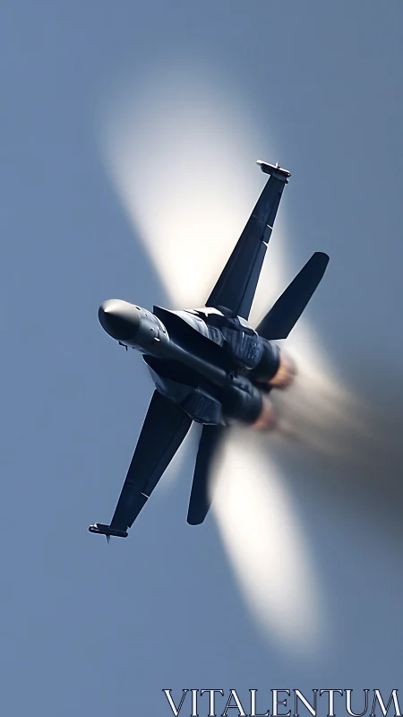 Supersonic jet piercing sky with dramatic vapor cone effect.
