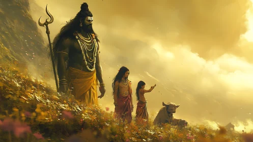 Mythic figures stand on a flowered hillside under golden sky