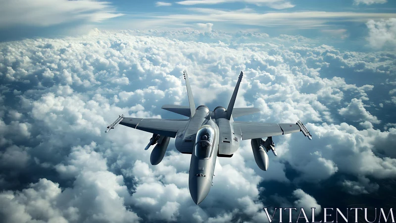 Jet fighter cuts through dense clouds at high altitude.