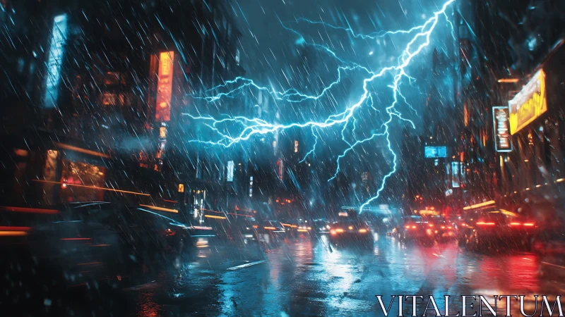 Cyberpunk storm-charged avenue with neon lightning gridlines.