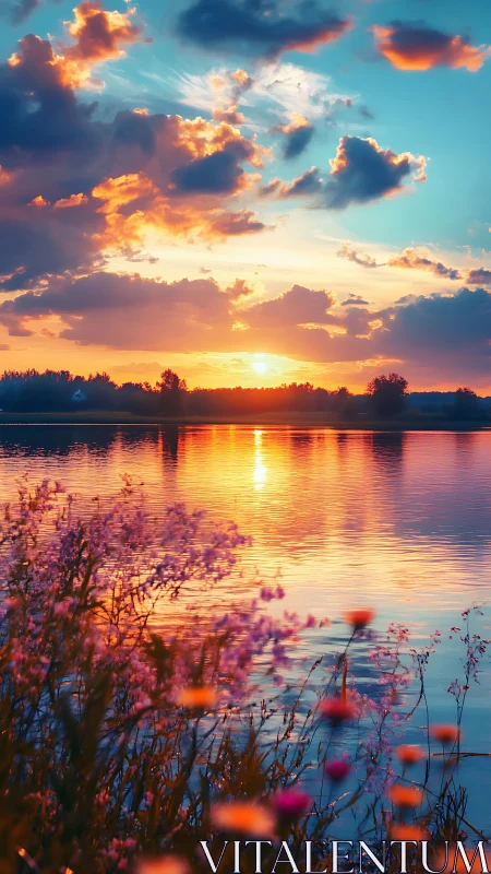 Sunset colors ignite tranquil lake and wildflower shoreline.