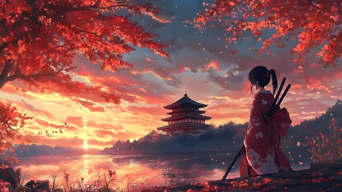 Samurai woman by lakeside temple at vivid sunset scene.