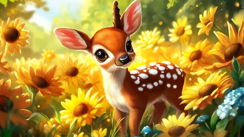 Young stylized fawn stands in saturated sunflower meadow
