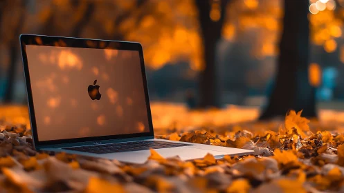 Laptop on autumn leaves in outdoor park setting at dusk.