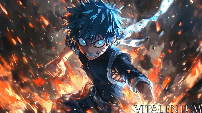 Blue haired figure in explosive fiery action environment.