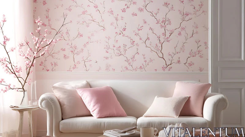 Cherry blossom wallpaper sets a soft romantic living mood.