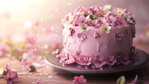 Pink Floral Celebration Cake with Cascading Flowers.