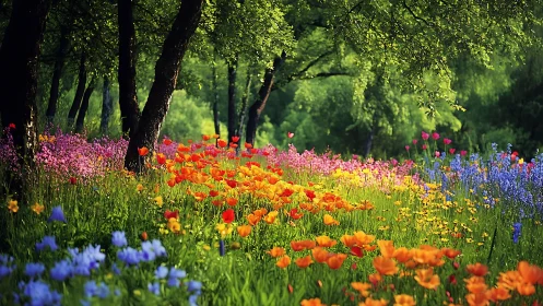 Wildflower Garden Beneath Deciduous Canopy with Layered Depth