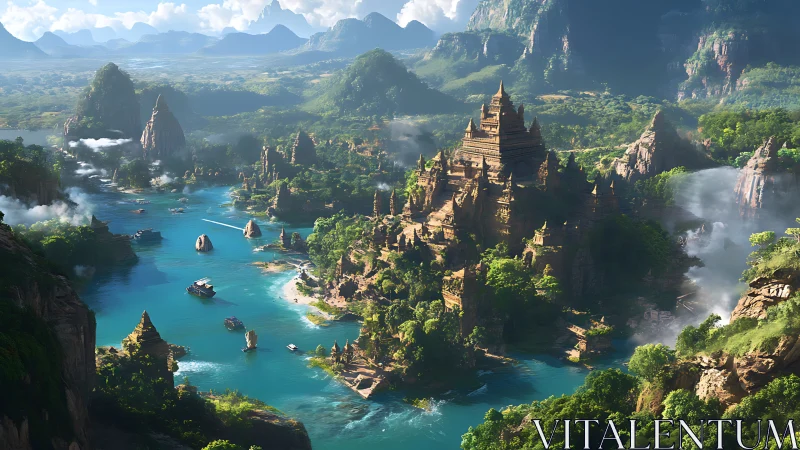 Digital painting of temple delta within lush river valley.