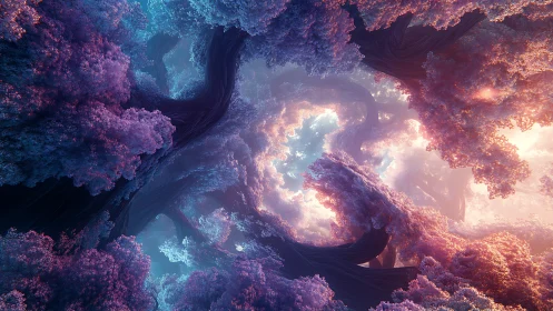 Twisting fantasy trees form luminous pastel forest canopy