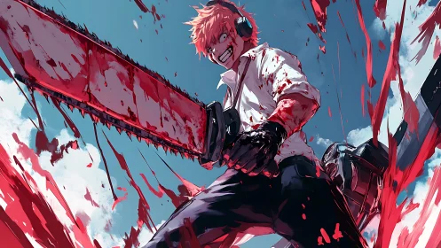 Blood-slick chainsaw brawler grinning beneath a cruel sky.